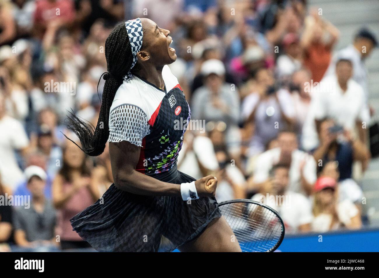 New York, USA. 04th Sep, 2022. Coco Gauff celebrates victory in 4th round of US Open Championships against Shuai Zhang of China at USTA Billie Jean King National Tennis Center in New York on September 4, 2022. Gauff won in straight sets and moved into quarterfinals of the Open for the first time in her career. (Photo by Lev Radin/Spa USA) Credit: Sipa USA/Alamy Live News Stock Photo