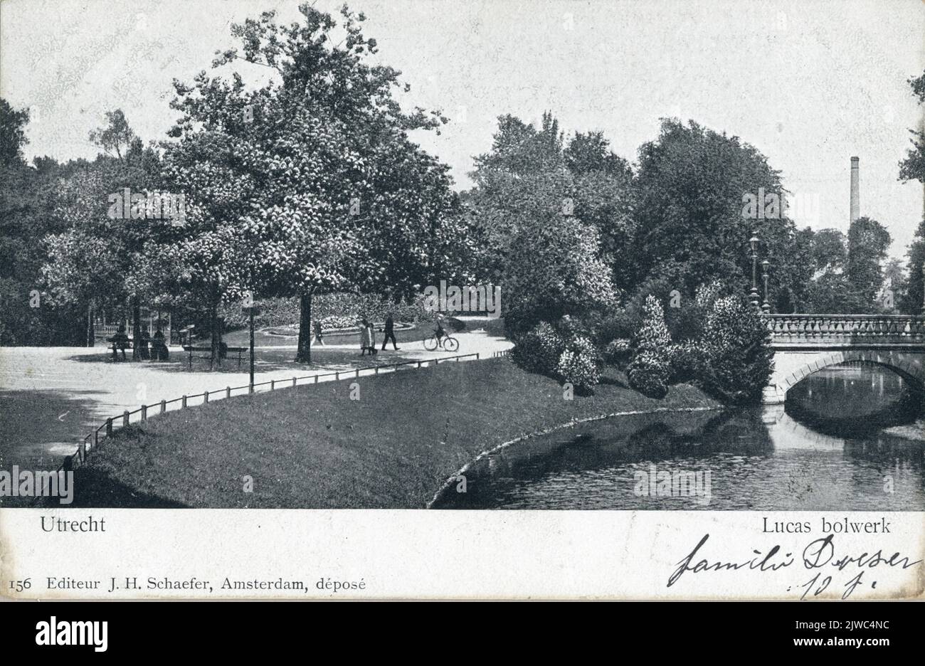 View of the park at the Lucasbolwerk in Utrecht with a part of the Lucas Bridge over the Stadsbuitengracht on the right. Stock Photo