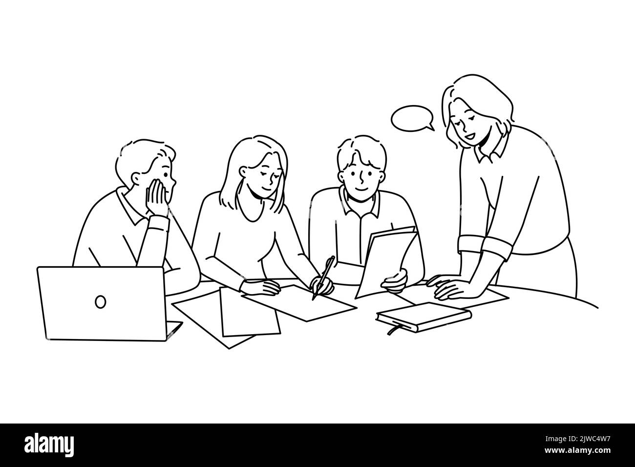 Diverse businesspeople sit at desk in office discuss paperwork at meeting together. Employees brainstorm engaged in teamwork at workplace. Vector illustration.  Stock Vector