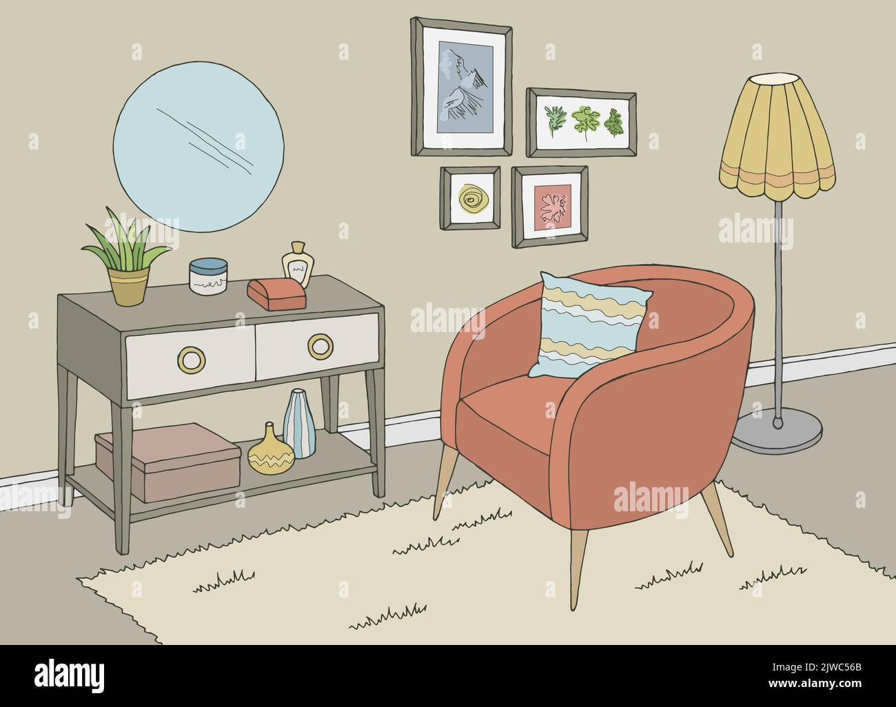 Living room graphic color home interior sketch illustration vector ...