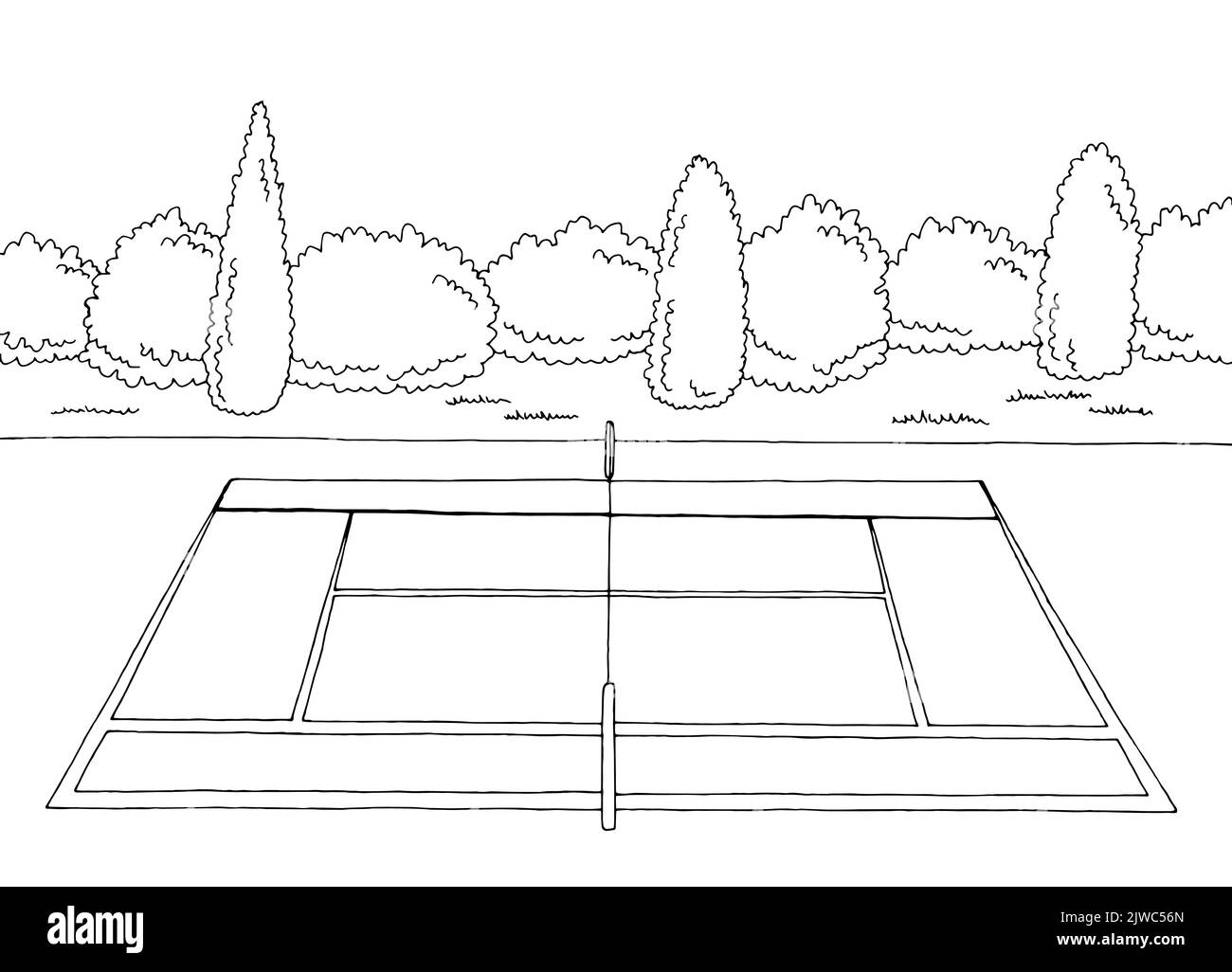 Tennis court sport graphic black white sketch illustration vector Stock Vector