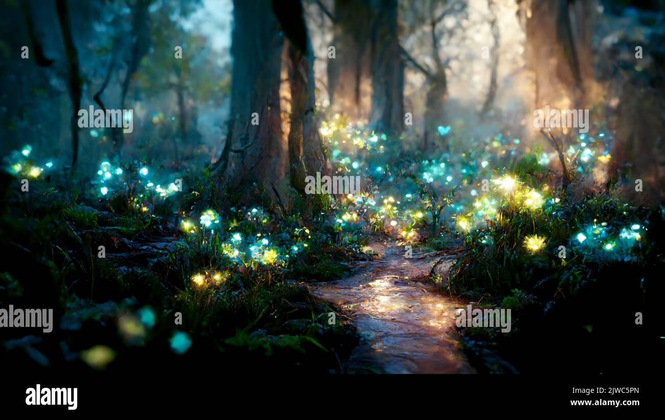 Mystic magic forest, painting style ai generated art background, illustration Stock Photo