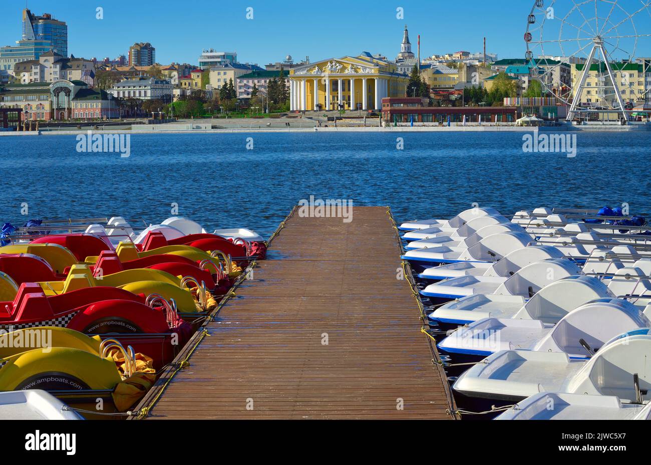Cheboksary, Russia, 13.05.2022. The capital of the Chuvash Republic. Pleasure boat pier on the Volga Bay embankment in the historical center of the ci Stock Photo
