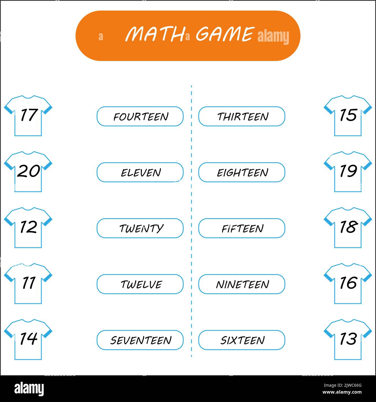 Draw lines to connect each number with its number word. Math game. Set worksheets for kids preschool and school age. Stock Photo
