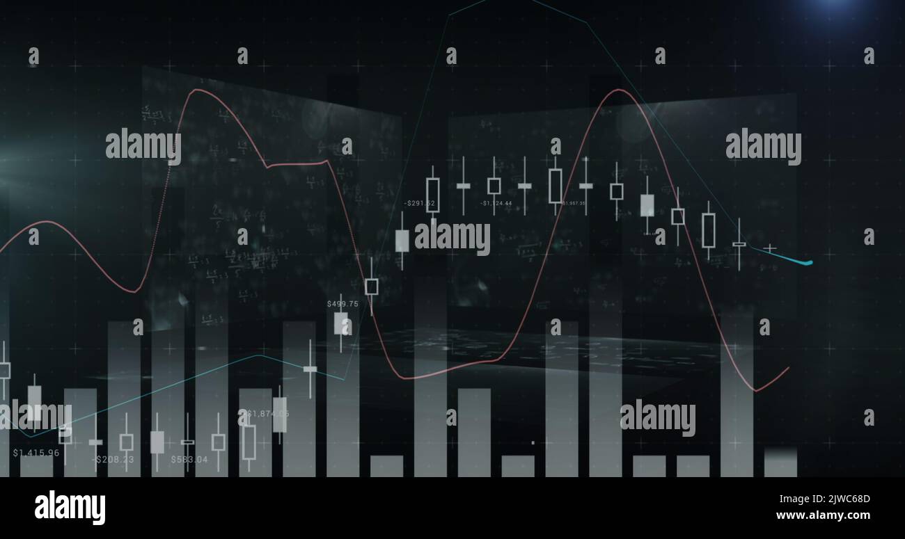Image of statistics processing over screens with mathematical equations Stock Photo