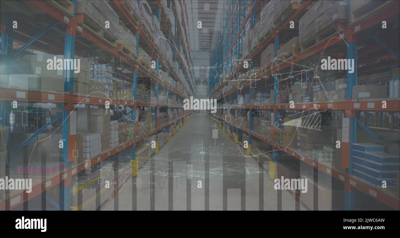 Image of statistics processing over mathematical equations and warehouse Stock Photo