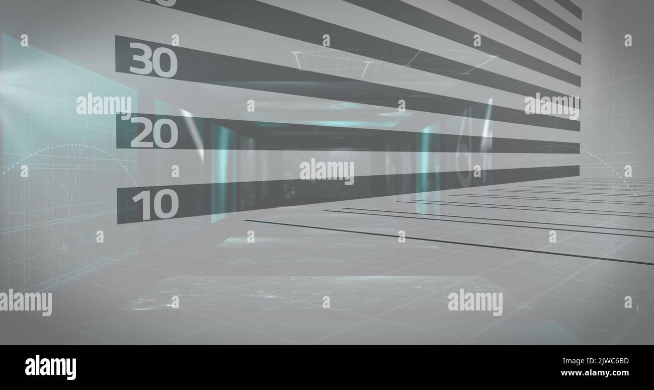 Image of statistics processing over mathematical equations and data on screens Stock Photo