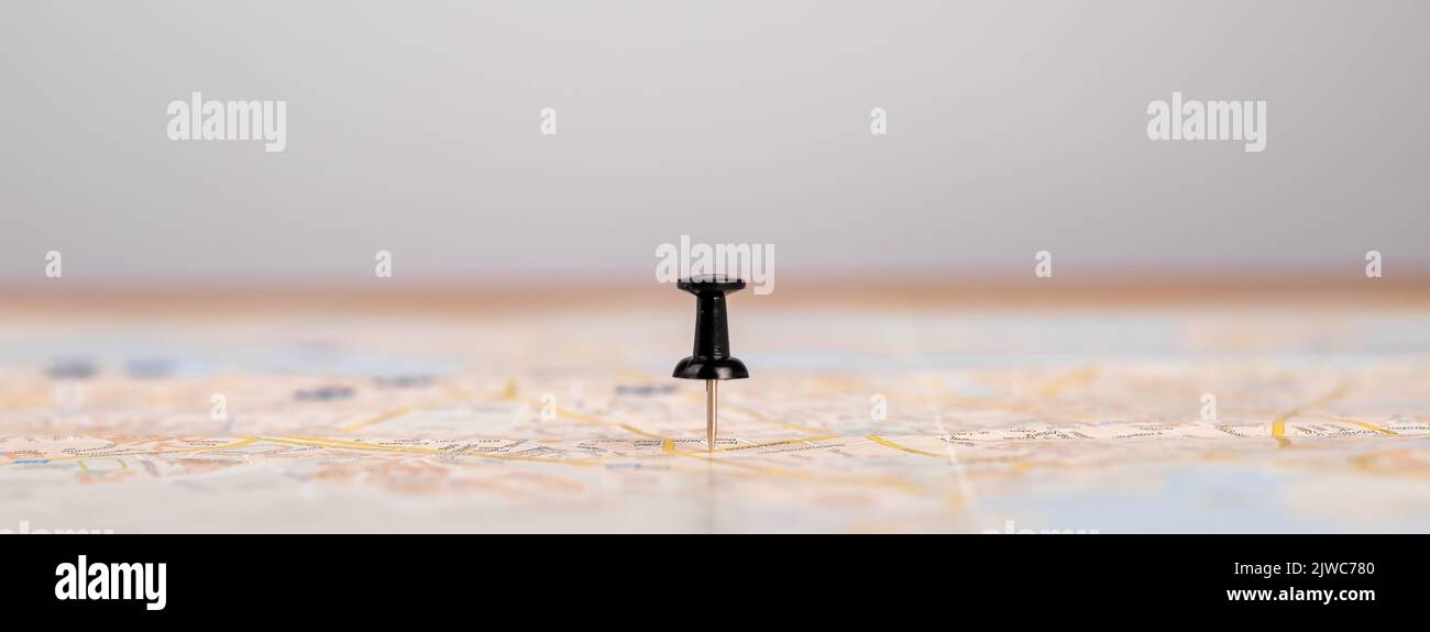 Banner with pins on map. Trip route planning. Travelling, journey