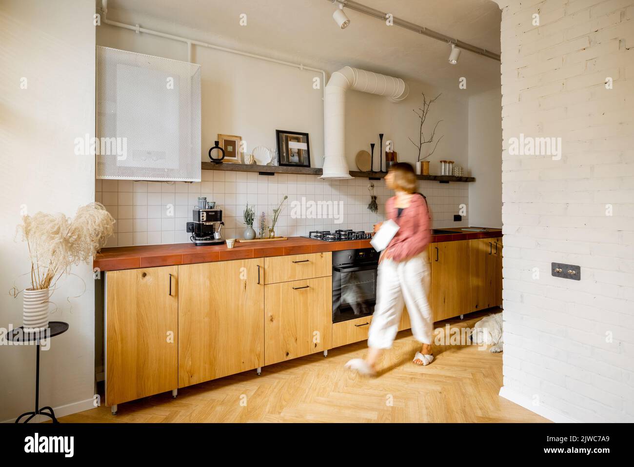 Modern kitchen interior with female person Stock Photo - Alamy