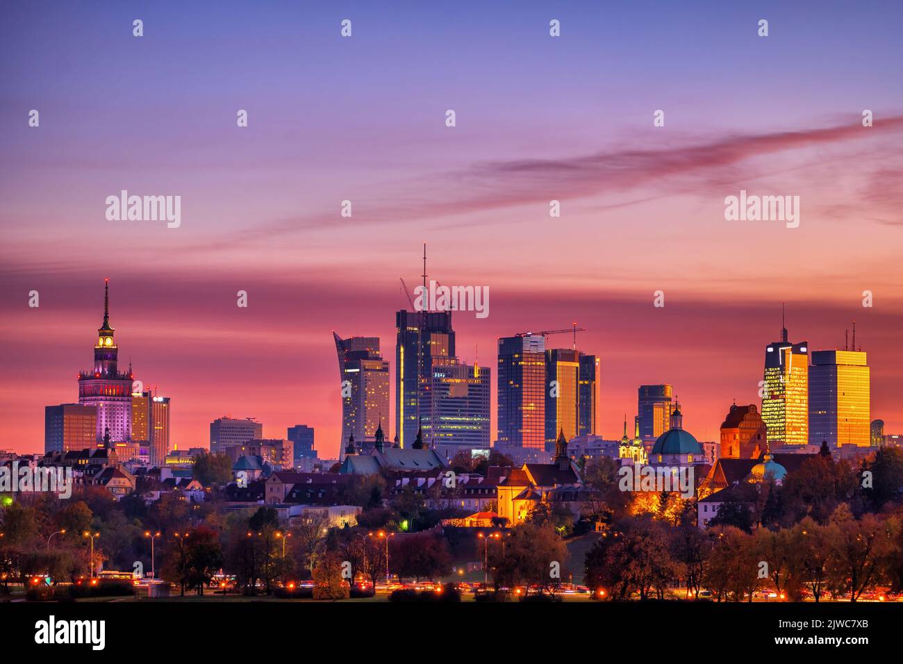 City downtown skyline of Warsaw at twilight, capital of Poland. Stock Photo