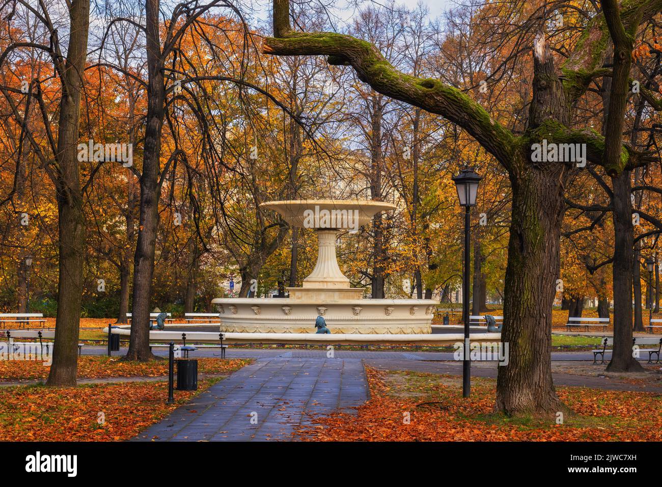 Autumn in the Saxon Garden in Warsaw, Poland. Historic park in the city center with 19th century fountain. Stock Photo