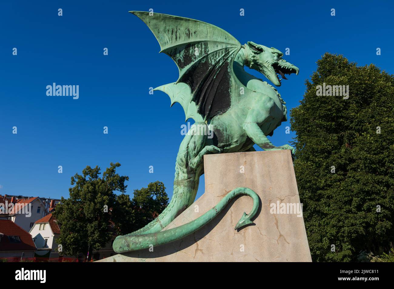 The Dragon statue on the Dragon Bridge in Ljubljana, Slovenia, city landmark. Stock Photo