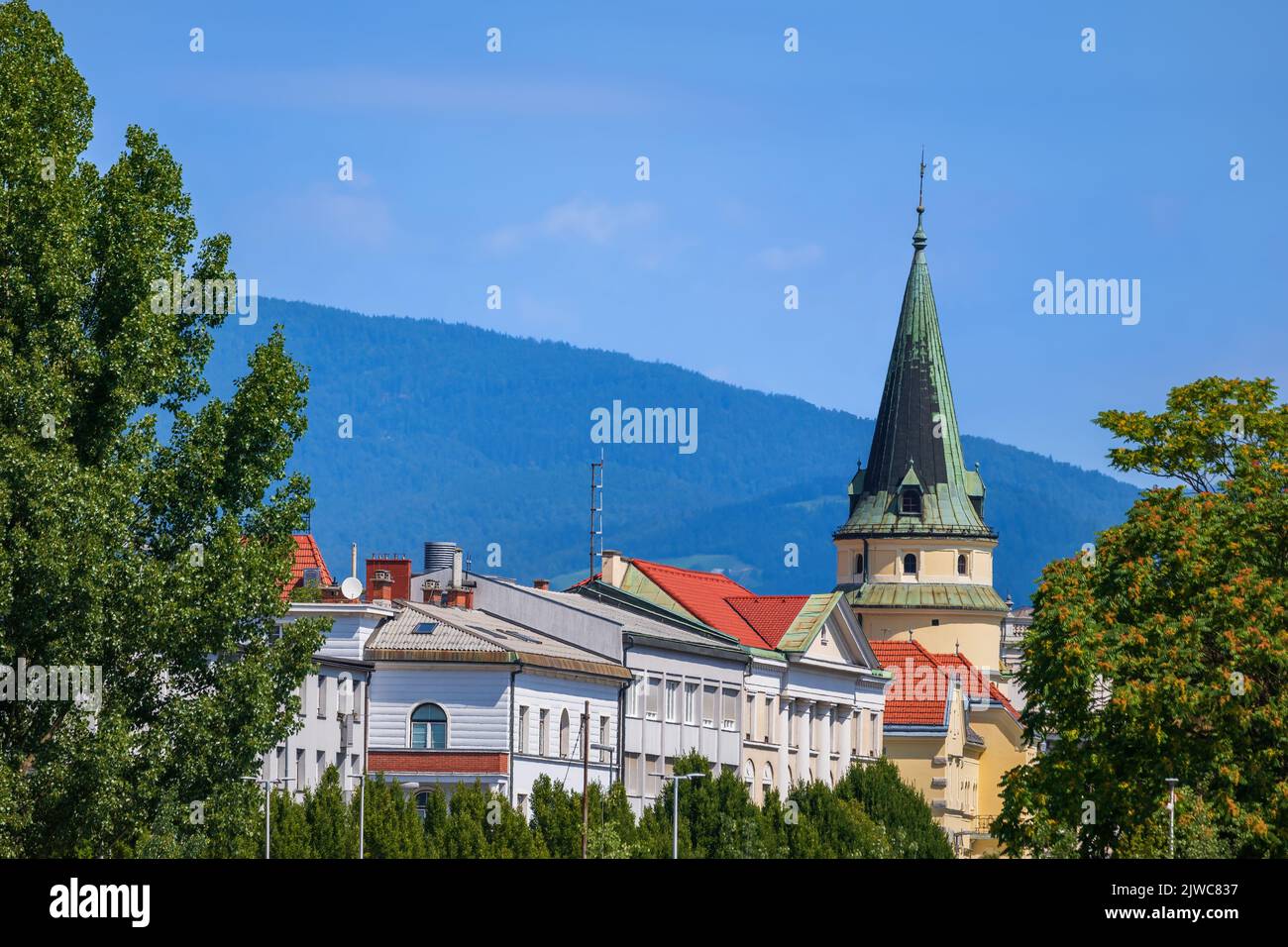 Celje city skyline with tower of Celje Hall in Slovenia. Stock Photo