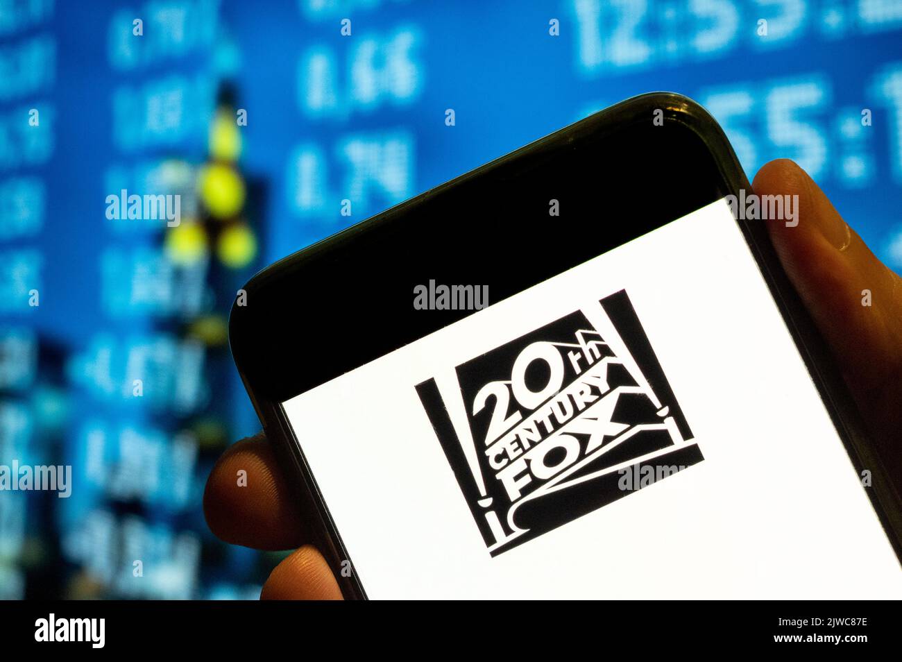 In this photo illustration, the American film studio Twentieth 20th Century Fox Film Corporation logo is displayed on a smartphone screen. Stock Photo
