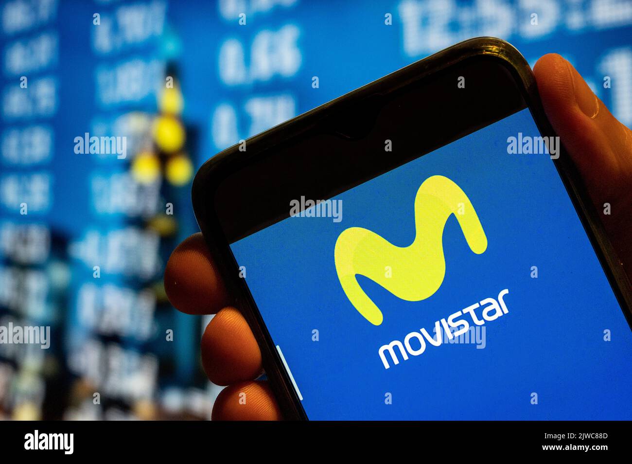 In this photo illustration, the Spanish telecommunications brand owned by Telefonica and largest mobile phone operator, Movistar, logo is displayed on a smartphone screen. Stock Photo