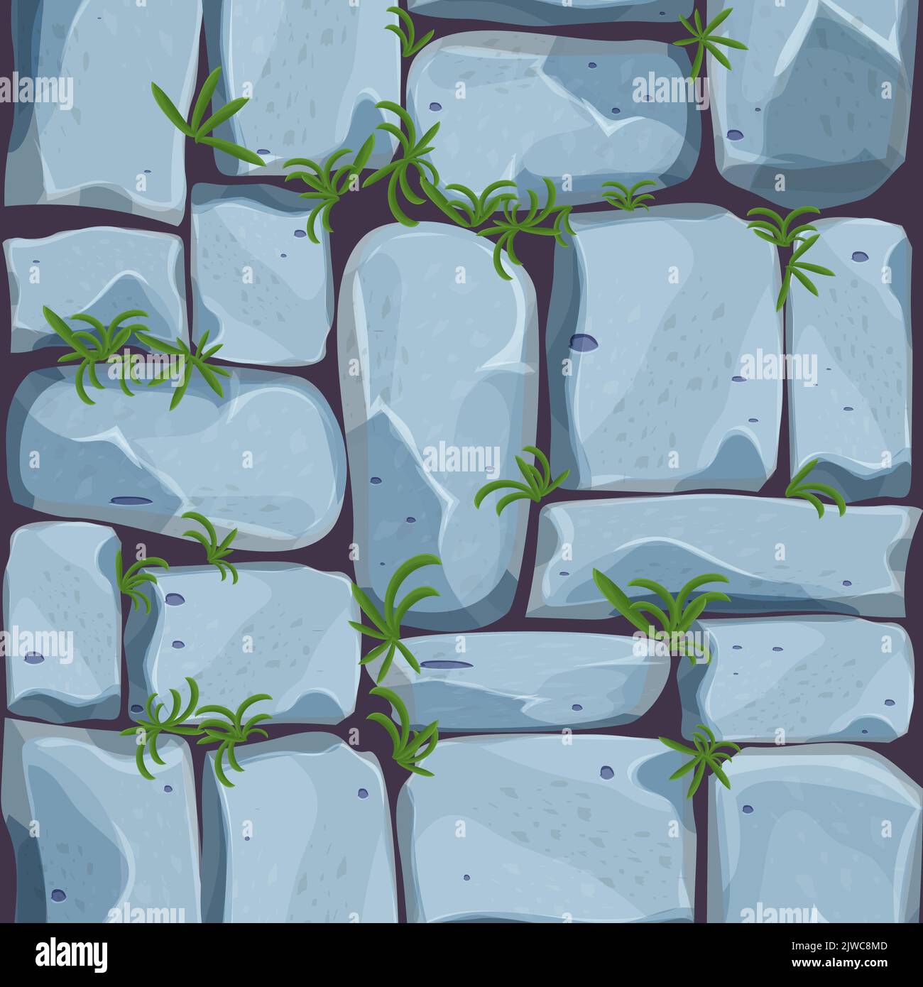 Stone wall from bricks, rock wall with grass game background in cartoon