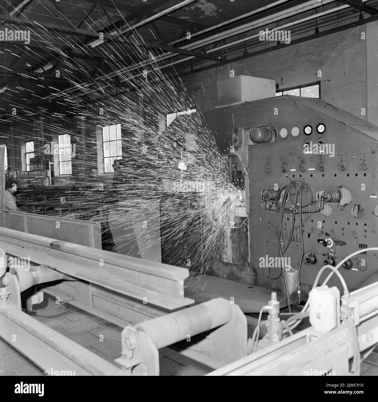 Image of a welding machine in the rail welding (SLI) of the N.S. in Utrecht. Stock Photo