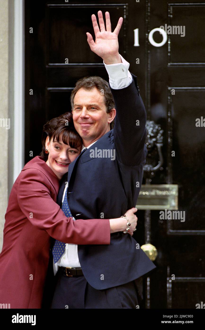 File photo dated 02/05/97 of Tony and Cherie Blair embracing in front of No 10 Downing Street after the Labour Leader was elected Prime Minister. TThe announcement of the next Conservative leader, and new Prime Minister, is scheduled for early afternoon at an event in central London. Issue date: Monday September 5, 2022. Stock Photo