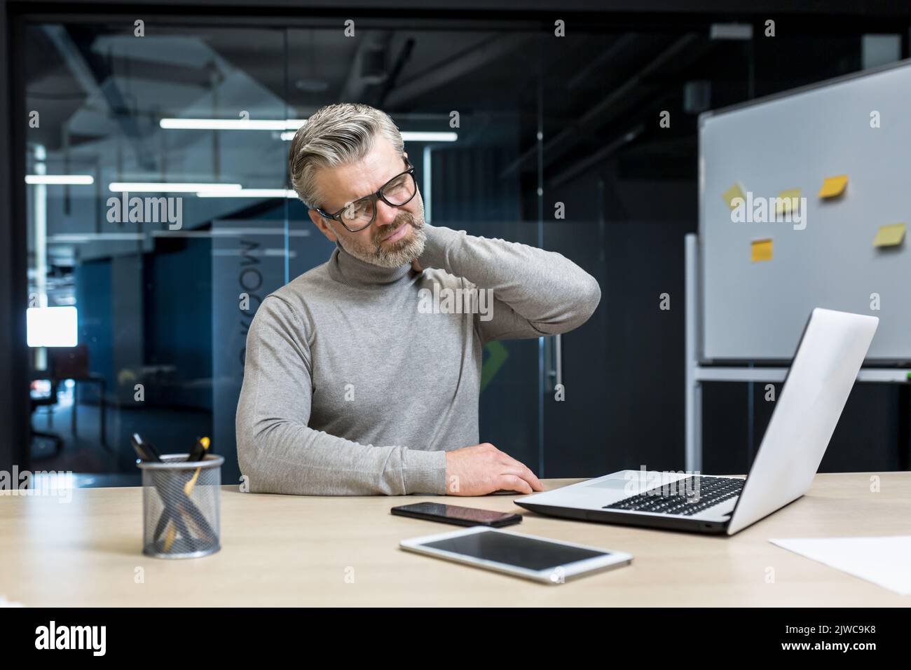 Senior mature businessman working inside office building, gray haired ...