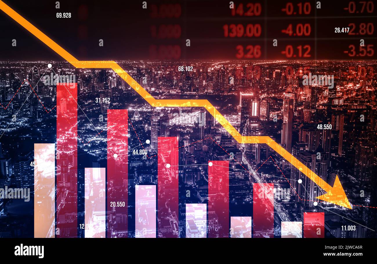 The digital indicators and declining graphs of a stock market crash
