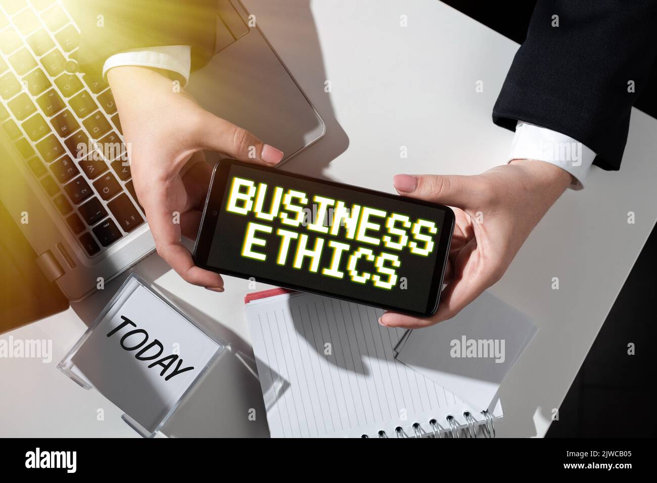 Handwriting text Business EthicsMoral principles that guide the way a business behaves. Business overview Moral principles that guide the way a Stock Photo