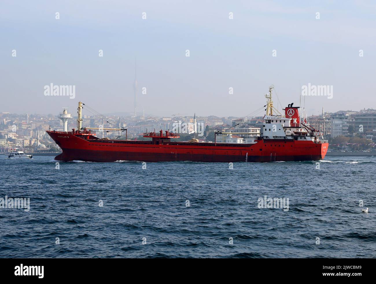 ISTANBUL,TURKEYNOV 02 Red Cargo Ship Tanker and Buildings of Uskudar