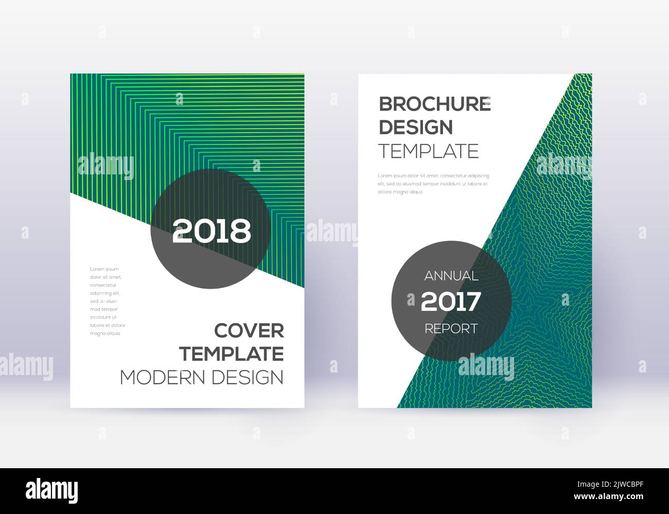 Modern cover design template set. Green abstract lines on dark