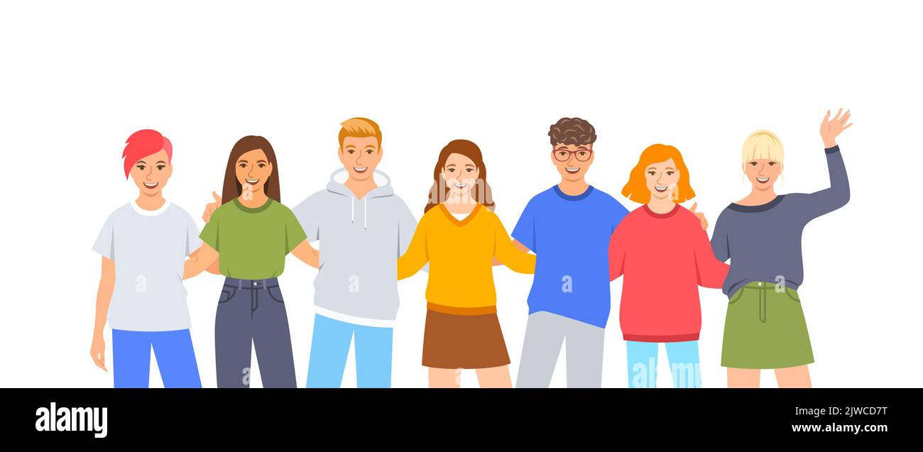 Young people stand together. Friendly diverse college students hug each other. Students community. Group of happy smiling boys and girls isolated Stock Vector