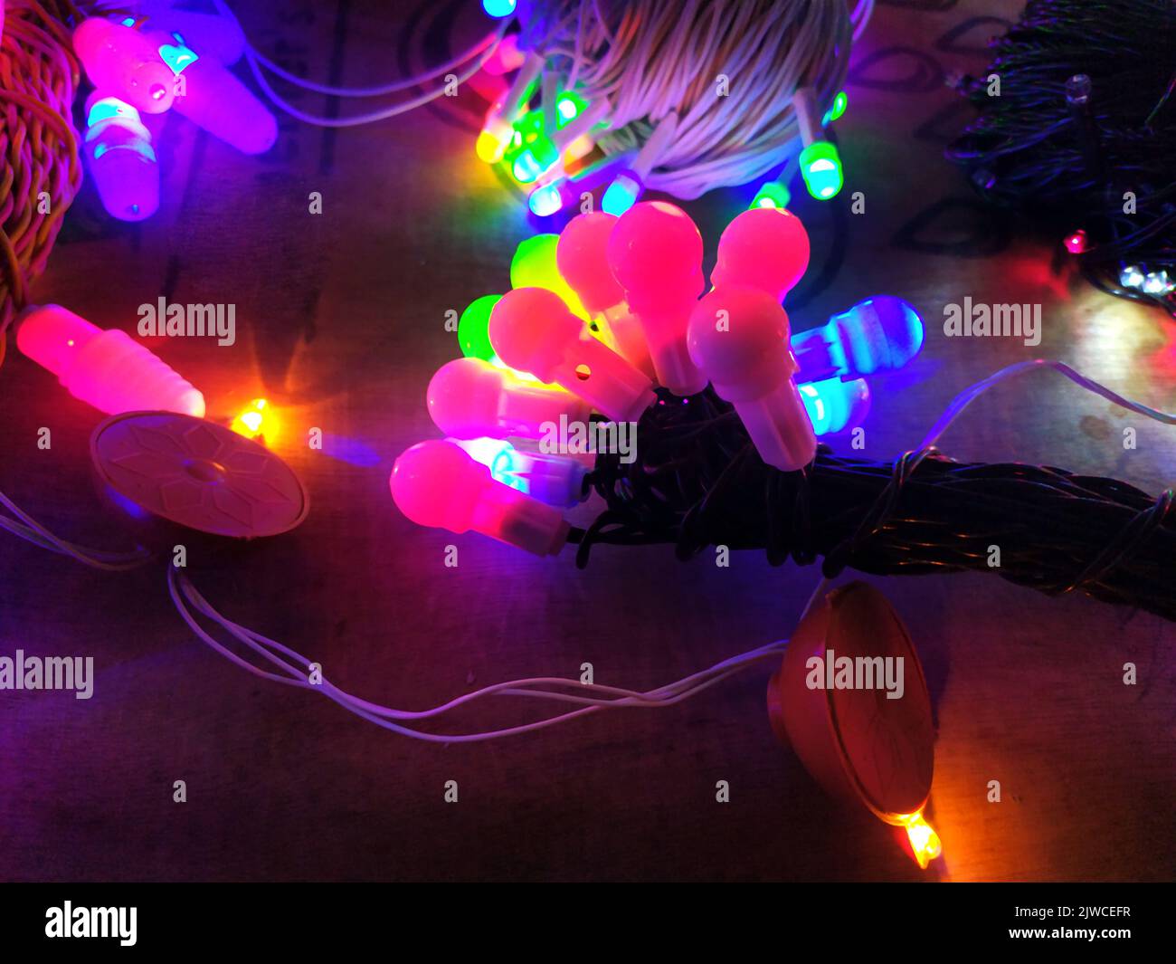 Marriage decoration red  yellow LED lights with little bokeh effect Stock Photo