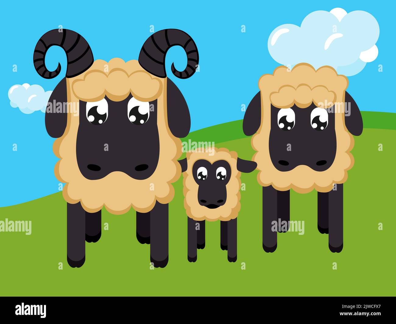 Geometric stylized sheep family in cartoon colorful valley Domestic