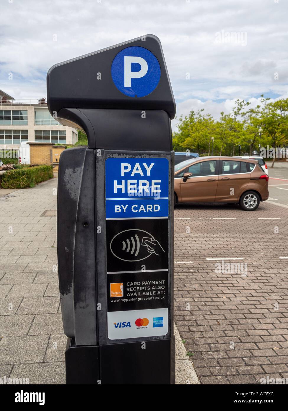 Pay Here By Card, car parking ticket machine, Milton Keynes, Buckinghamshire, UK Stock Photo