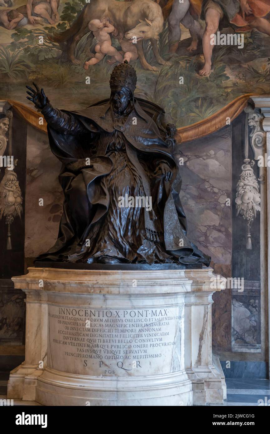 Rome, Italy - September 2022 - Capitoline Museum, in Piazza del Campidoglio, bronze Statue by Alessandro Algardi Pope Innocenzo X Stock Photo