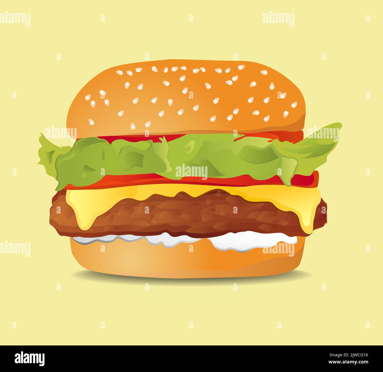 Classic Hamburger Isolated Illustration With Lettuce, Cheese And Tomato