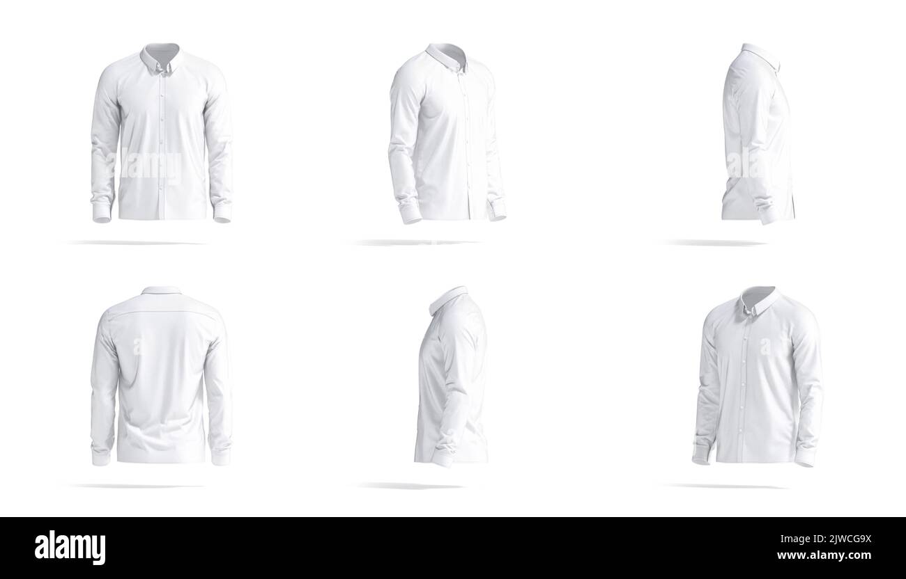 Blank white classic shirt mockup, rotation angles of all sides Stock Photo