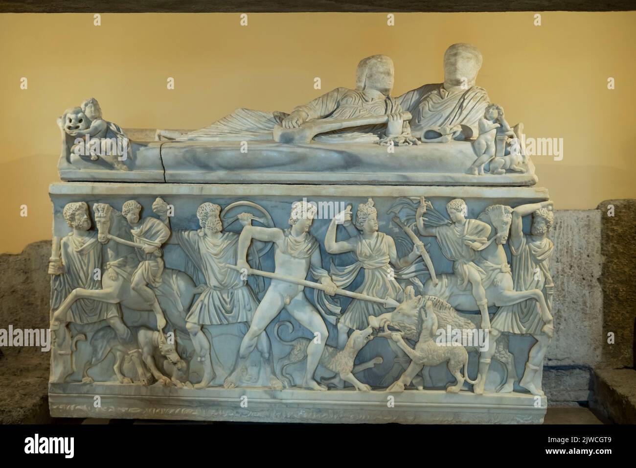 Rome, Italy - Capitoline Museums, Sarcophagus with th Calydonian boar hunt Stock Photo