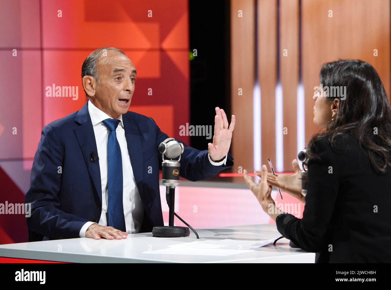Eric Zemmour is interviewed by Apolline de Malherbe on RMC/BFMTV in Paris, France on September 5