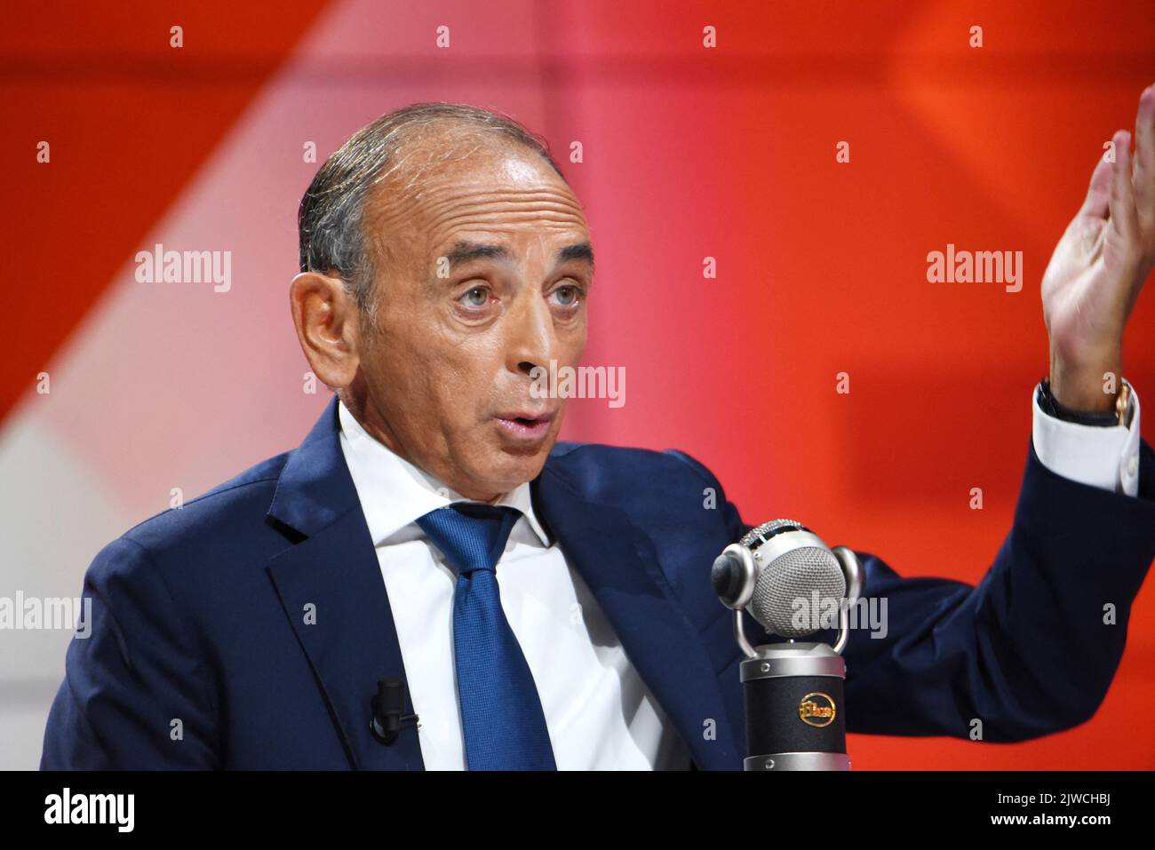 Eric Zemmour is interviewed by Apolline de Malherbe on RMC/BFMTV in Paris, France on September 5