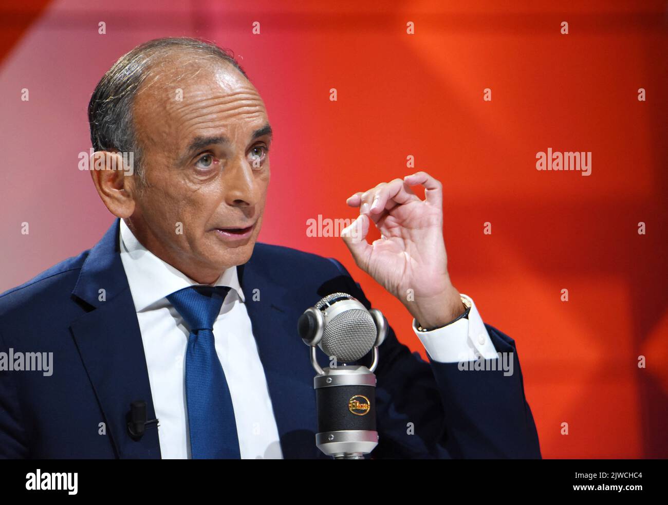 Eric Zemmour is interviewed by Apolline de Malherbe on RMC/BFMTV in Paris, France on September 5