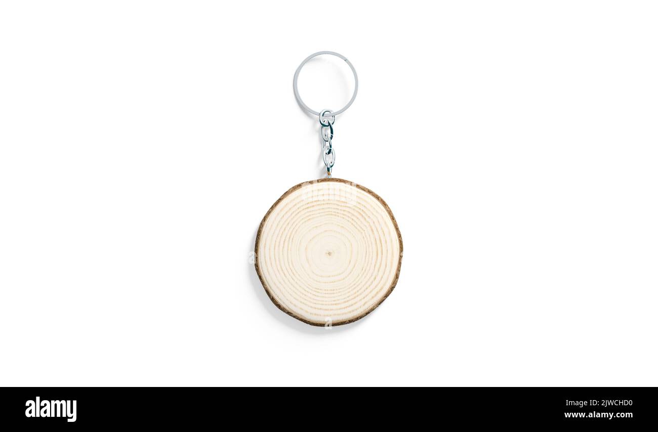 Blank wooden round tag on chain mockup, top view Stock Photo