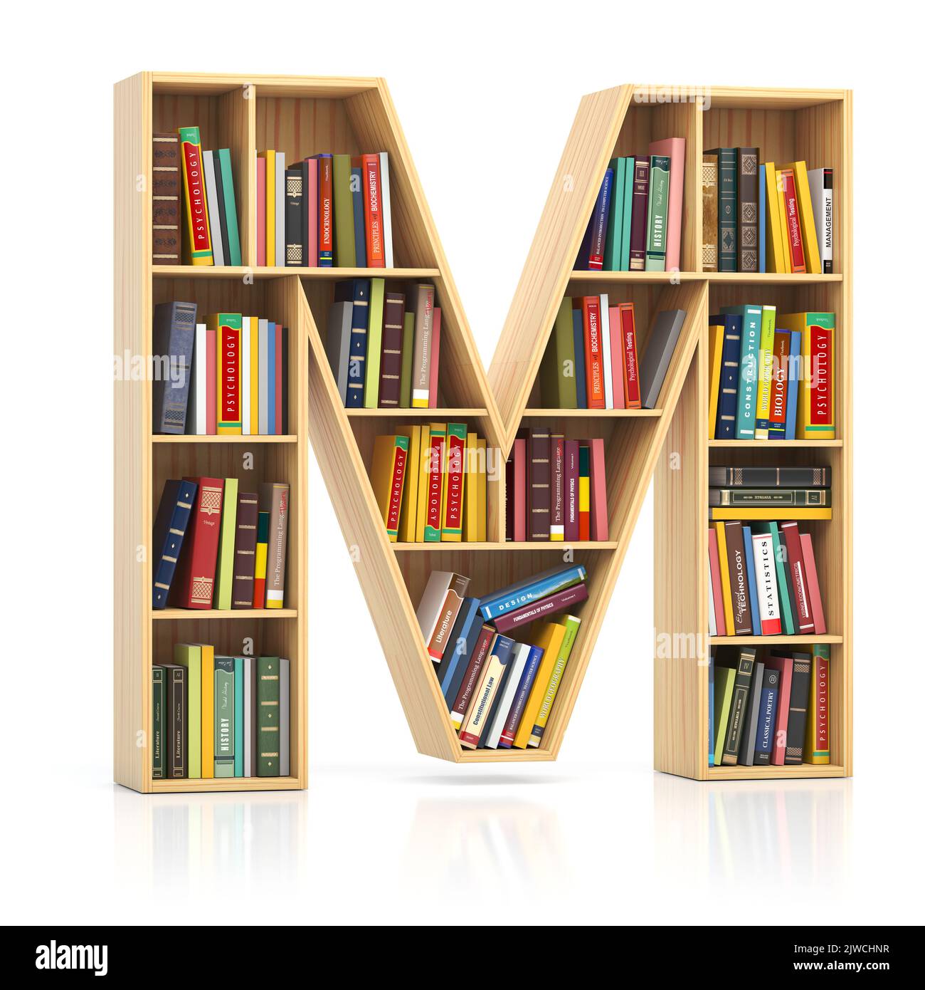 Letter M in form of bookshelf with book and texbooks. Educational and learning conceptual font and alphabet. 3d illustration Stock Photo