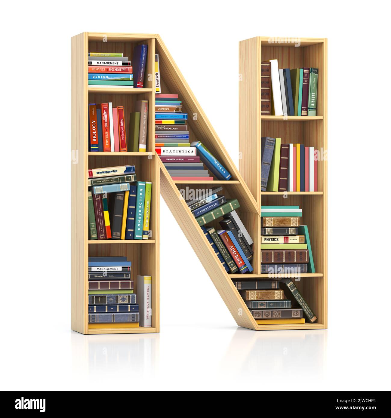 Letter N in form of bookshelf with book and texbooks. Educational and learning conceptual font and alphabet. 3d illustration Stock Photo