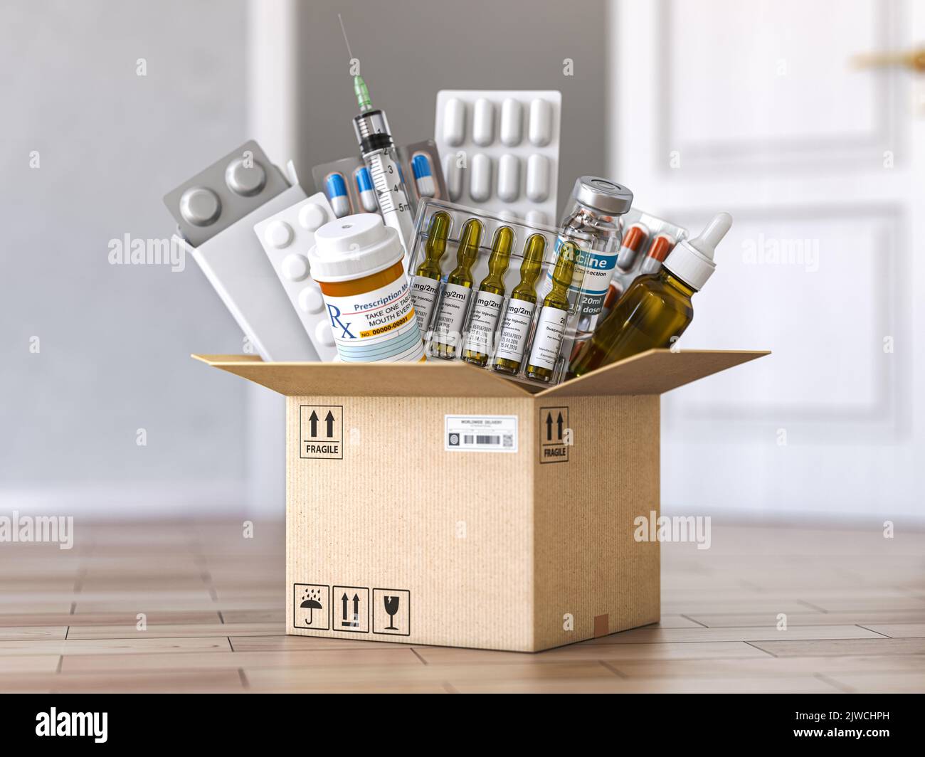 Open cardboard box with medicines and healthcare medication. Buying and delivery medications concept. 3d illustration Stock Photo