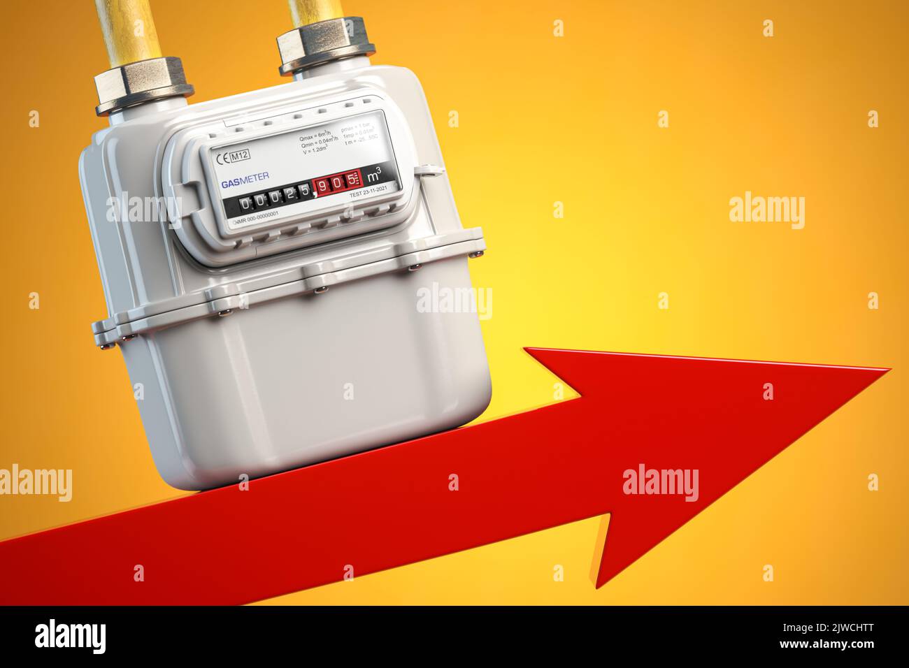 Growth of costs of natural gas consumption. Gas meter on arrow.  3d illustration Stock Photo