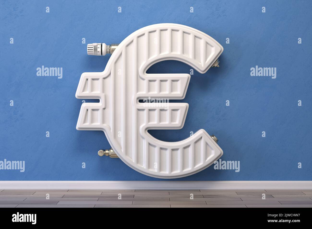 Heating radiator in form of euro sign.  Energy crisis, energy efficiency and rising heating costs in Europe concept. 3d illustration Stock Photo