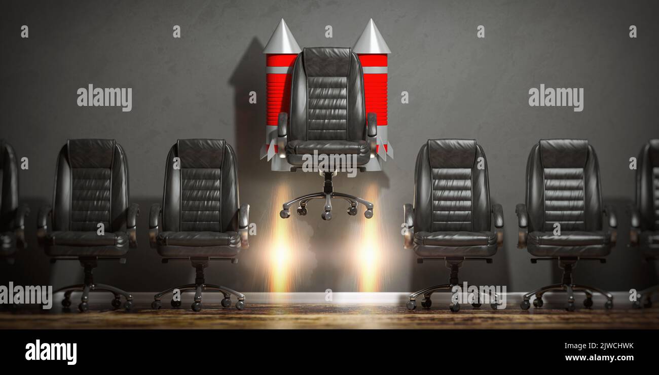 Flying office chair with burning rocket in a row. Leadership, recruiting and career opportunities concept. 3d illustration Stock Photo