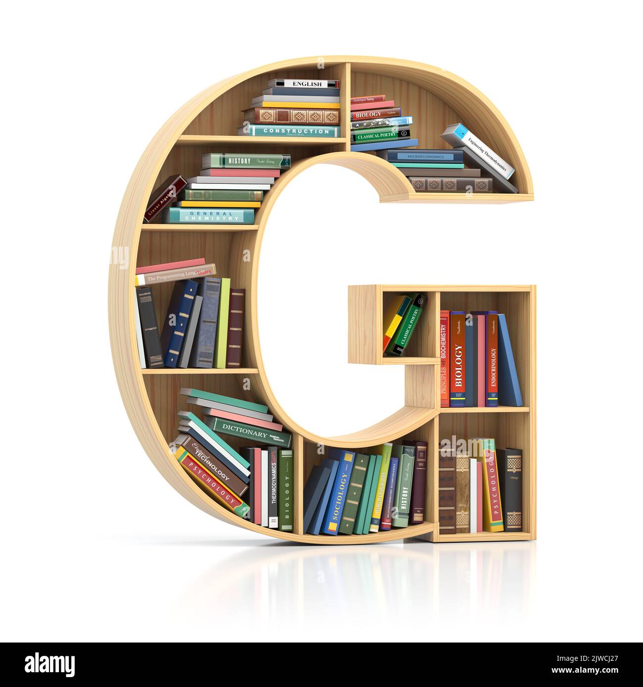 Letter G in form of bookshelf with book and texbooks. Educational and learning conceptual font and alphabet. 3d illustration Stock Photo