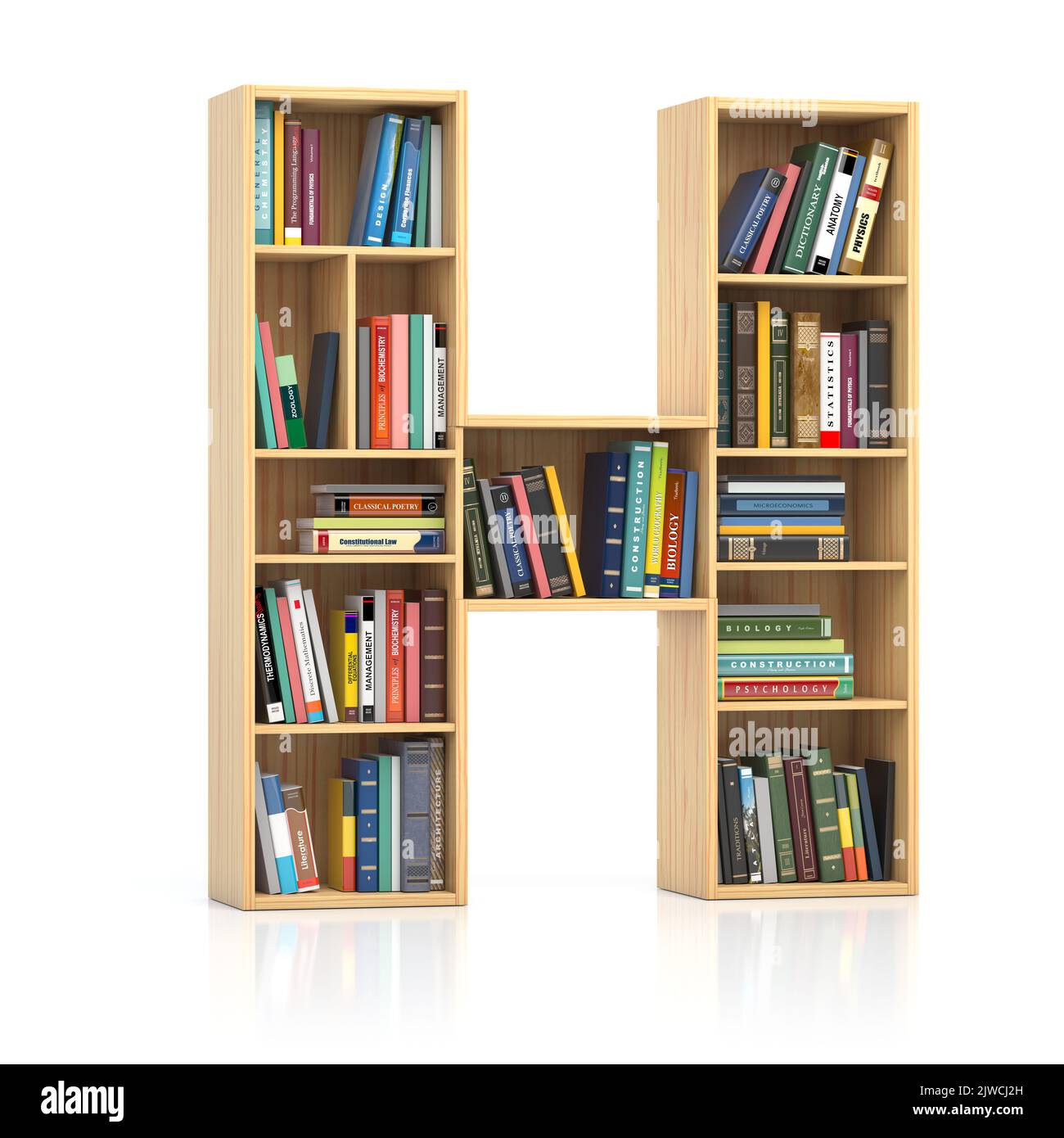 Letter H in form of bookshelf with book and texbooks. Educational and learning conceptual font and alphabet. 3d illustration Stock Photo