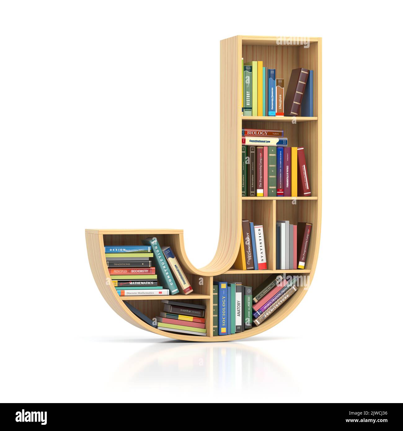 Letter J in form of bookshelf with book and texbooks. Educational and learning conceptual font and alphabet. 3d illustration Stock Photo