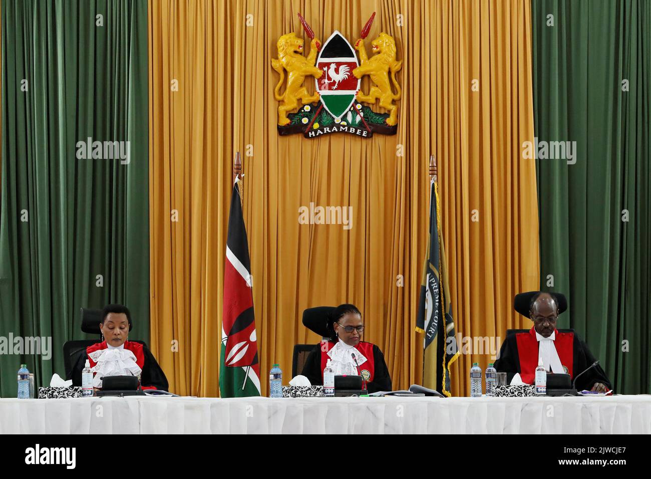Kenya's Supreme Court Judges Philomena Mwilu, Martha Koome and Mohammed Ibrahim preside to deliver the ruling on a petition seeking to invalidate the outcome of the recent presidential election, at the Supreme Court in Nairobi, Kenya September 5, 2022. REUTERS/Thomas Mukoya Stock Photo