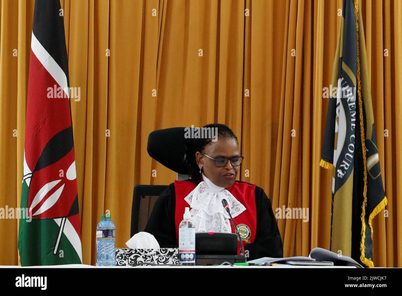 Kenya's Supreme Court Chief Justice Martha Koome presides to deliver the ruling on a petition seeking to invalidate the outcome of the recent presidential election, at the Supreme Court in Nairobi, Kenya September 5, 2022. REUTERS/Thomas Mukoya Stock Photo